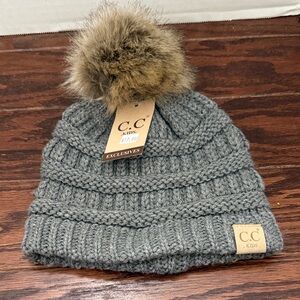 C.C Kids Charcoal Knit Beanie with Faux Fur Pom NWT